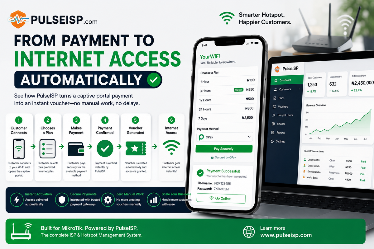 From Payment to Internet Access Automatically: How PulseISP Automates Captive Portal Payments & Vouchers